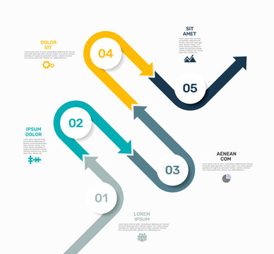 Five-step gradient winding road timeline infographic template with placeholder text, and business icons. Vector illustration.