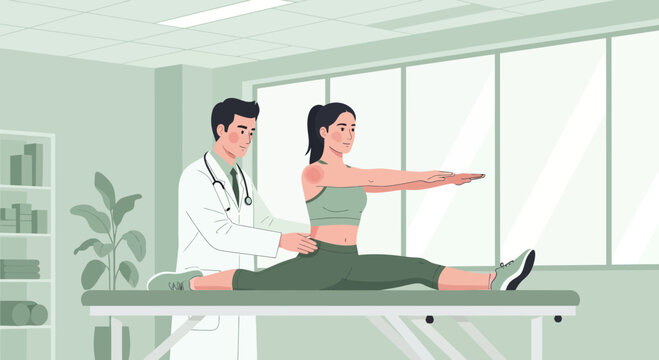 Physical therapist assisting patient with stretching exercises on examination table