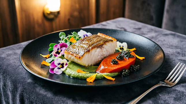 Pan-seared cod with green pea puree and decorative flowers.