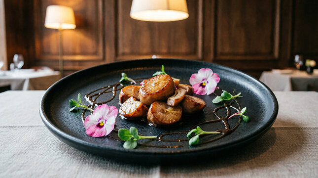 Seared scallops with sauce and delicate pink flowers.