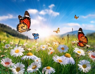 bright meadow with colorful butterflies and daisies in a scenic landscape © Juana