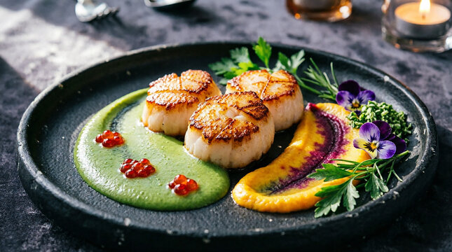 Seared scallops served with green puree and yellow carrot sauce top view.