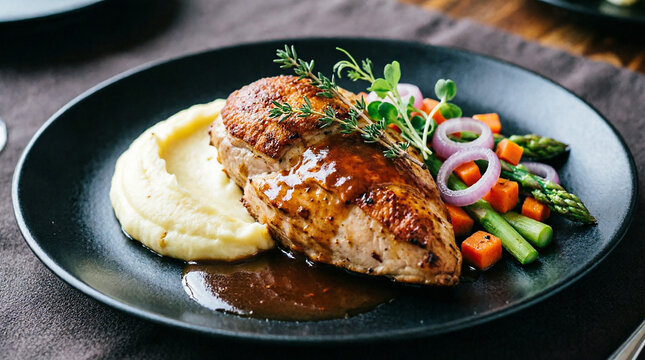 Roasted chicken breast with mashed potatoes and fresh spring vegetables set.