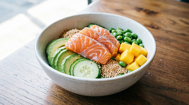 Salmon poke bowl with avocado cucumber mango and sesame seeds in bowl.