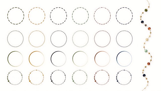 A clean vector collection demonstrating various dashed, dotted, and gradient circle stroke patterns alongside a singular wavy beaded line element.