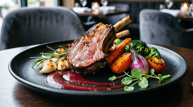 Grilled lamb rack with roasted vegetables and berry reduction sauce.