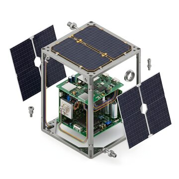 CubeSat satellite frame with solar panels. Exploded view of nanosatellite hardware components.