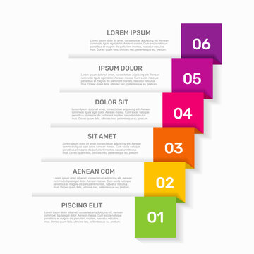 Modern business infographic template featuring six numbered colorful staircase steps and text. Vector illustration.