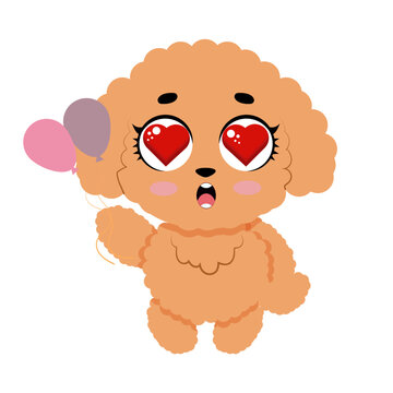 Cute fluffy poodle puppy standing with big eyes isolated on white background for kids design