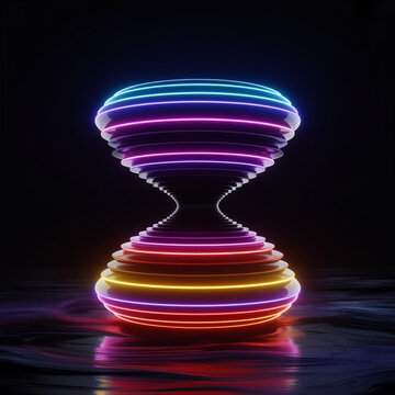 Abstract hourglass shape formed by glowing neon light rings in vibrant colors on dark background with reflections.