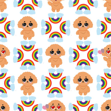 Seamless pattern with cute poodle dogs heart eyes and rainbows for kids nursery textile wallpaper background design