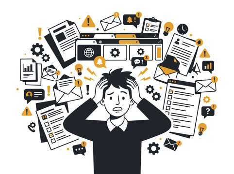 Man experiencing severe mental stress and information overload from complex multitasking work tasks.