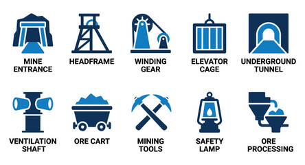 Set of mining industry icons showing mine entrance headframe elevator tunnel cart tools and ore processing Minimal solid fill icon set bundle collection. Editable Vector Illustration Mega pack © SIMUL