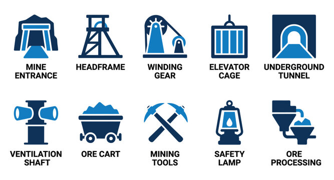 Set of mining industry icons showing mine entrance headframe elevator tunnel cart tools and ore processing Minimal solid fill icon set bundle collection. Editable Vector Illustration Mega pack