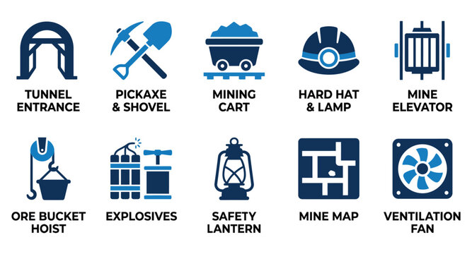 Set of ten mining icons including tunnel entrance pickaxe mining cart hard hat elevator and ventilation fan Minimal solid fill icon set bundle collection. Editable Vector Illustration Mega pack