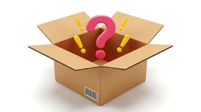 Open cardboard box with a pink question mark and yellow exclamation marks inside
