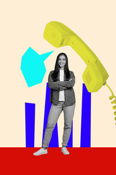 3d vertical poster artwork collage of happy manager girl guy stand telephone handset telecommunication speech manager occupation