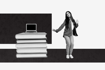 Fototapeta premium Composite poster image art collage of happy girl student stand pc monitor book education elearn study freelancer worker magazine