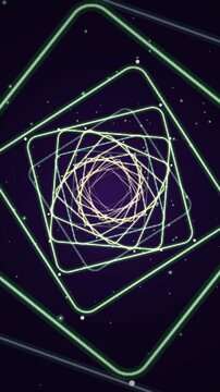 Futuristic neon tunnel background featuring glowing rotating square frames in dark cyberspace, representing dynamic energy flow, high-speed data transfer, and sci-fi portal, Background loop vertical