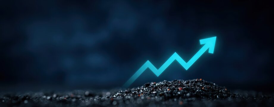 Glowing blue arrow rising from dark earth in cinematic light. Financial growth and success concept.