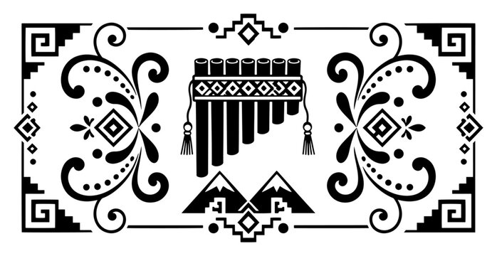 Pan flute with mountains in traditional andean geometric ethnic pattern vector illustration