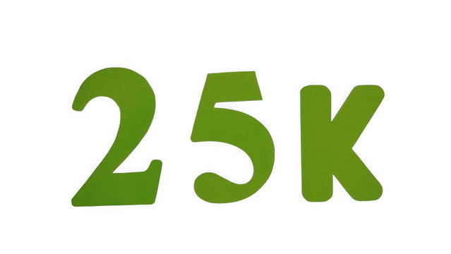 Green colored 25k text label for social media followers and milestone celebration isolated on transparent background