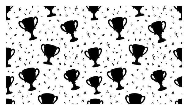 Winner trophy cups seamless pattern with falling confetti hand drawn doodle style