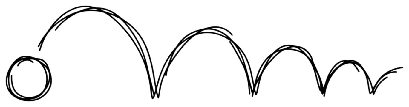 Bouncing ball trajectory path showing decreasing arcs hand drawn doodle style