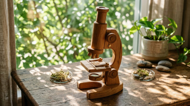 Wooden microscope toy on rustic table near window in soft sunlight, calm home scene with plant