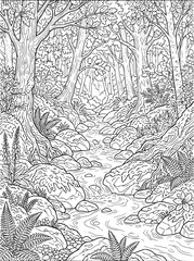 Obraz premium Enchanted Forest Stream with Rocks and Ferns Coloring Page