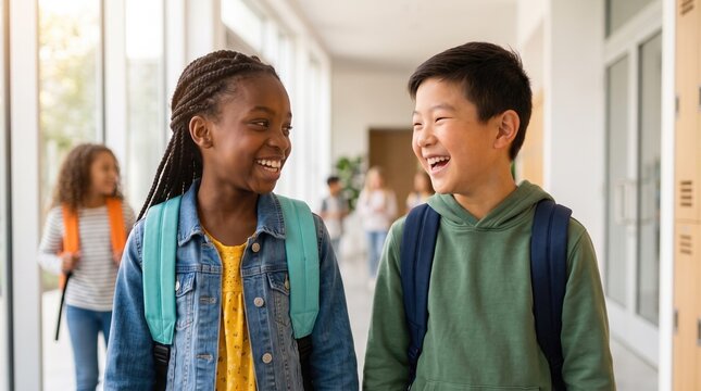 Two smiling schoolchildren with backpacks walk side by side in a bright corridor, chatting and laughing, with other students and lockers behind them