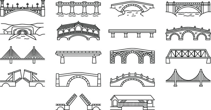 Architectural bridge structure outline icons bundle featuring historic arch modern cable stayed bascule drawbridge and viaduct designs