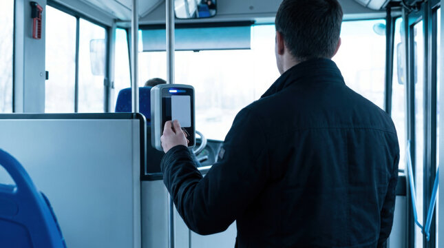 Cashless bus fare payment transit card reader public transport ticket machine bus interior commuter back view payment