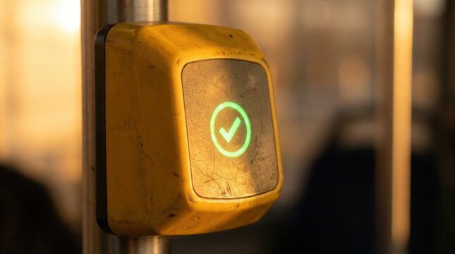 Cashless transit payment reader with check icon, macro focus and warm light