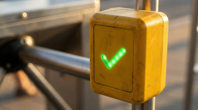 Cashless transit payment reader with glowing check on turnstile in subway station
