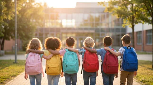 Six children with colorful backpacks walk toward a school building, arms around each other, seen from behind in warm sunlight on a campus path. No visible text