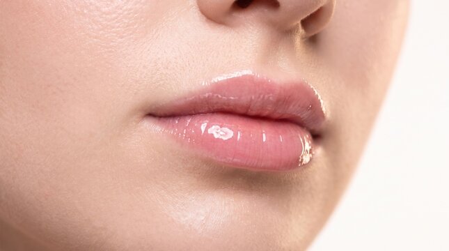 Close-up of a woman's lower face with smooth skin and shiny gloss on full lips; part of nose and cheek visible, beauty and skincare concept