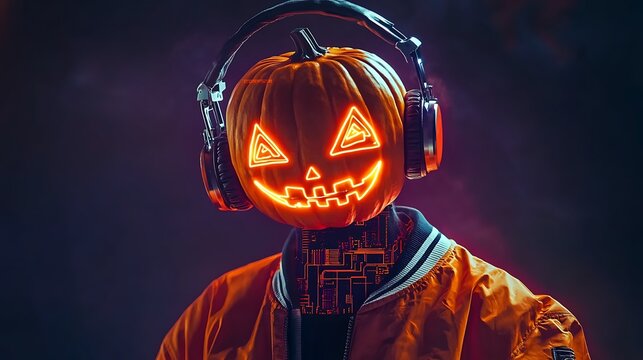Futuristic robot with a glowing carved pumpkin head wearing headphones in a dark neon setting.