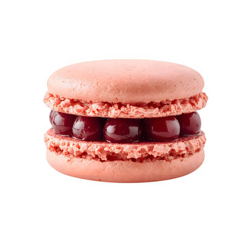 Two stacked pink macarons with raspberry filling