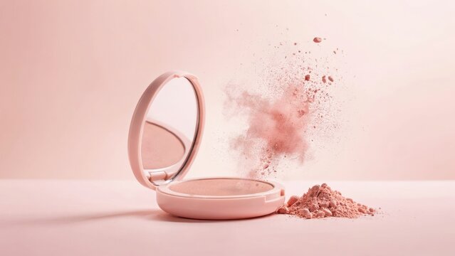 Pink powder exploding from a makeup compact on pink background. Beauty product advertisement.