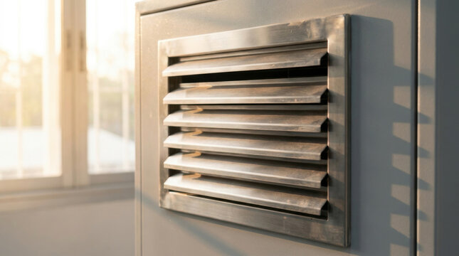 Industrial battery air vent metal louver vent wall ventilation grille close up indoor light stainless steel building panel airflow control