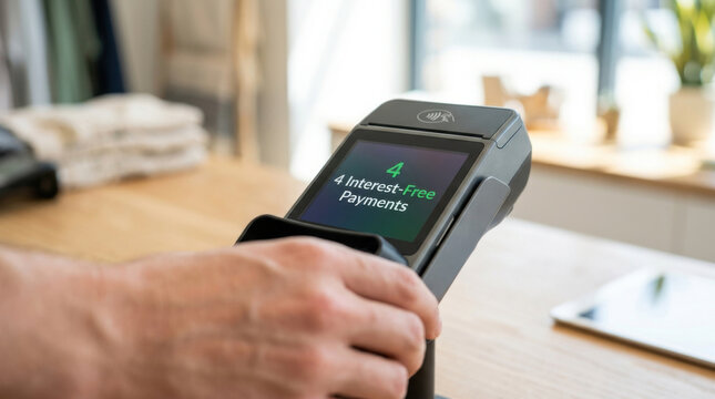 Contactless payment terminal buy now pay later interest free payment checkout close up hand payment digital screen store payment card reader