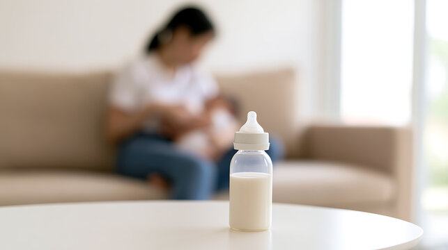 Baby Feeding Bottle with Milk on Table, Blurry Mother and Infant in Background, Focus on Parenthood and Care