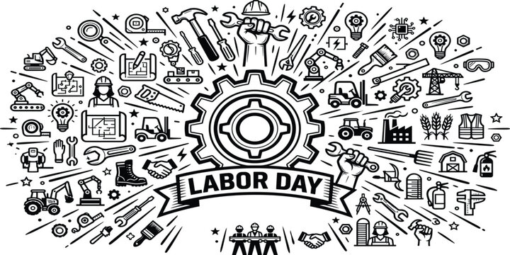 International Labor Day Line Art Vector Illustration with Worker Industry Factory Construction Engineering Tools Gear and Workforce Celebration Doodle Elements