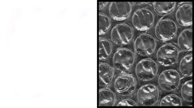 Transparent bubble wrap texture, plastic cushioning material for shipping and packaging, macro view of clear protective air bubbles background