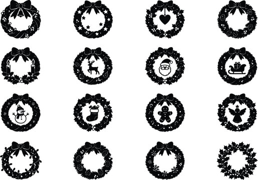 Set of holiday christmas wreaths with seasonal icons.