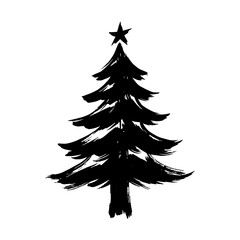 Obraz premium Black ink brush style Christmas tree with star silhouette