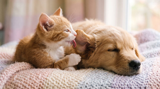 Ginger kitten grooming a sleeping puppy on a soft blanket