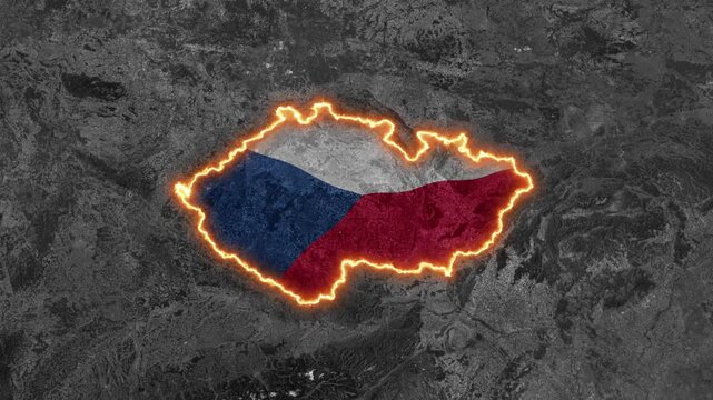 Czech Republic Map Highlight with Fiery Glowing Border on Black and White World Map