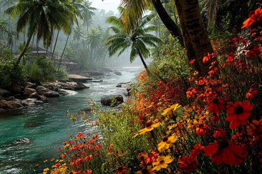 Flowing Colors Where Jungle Meets the Ocean in Harmony and Tranquility Generative AI